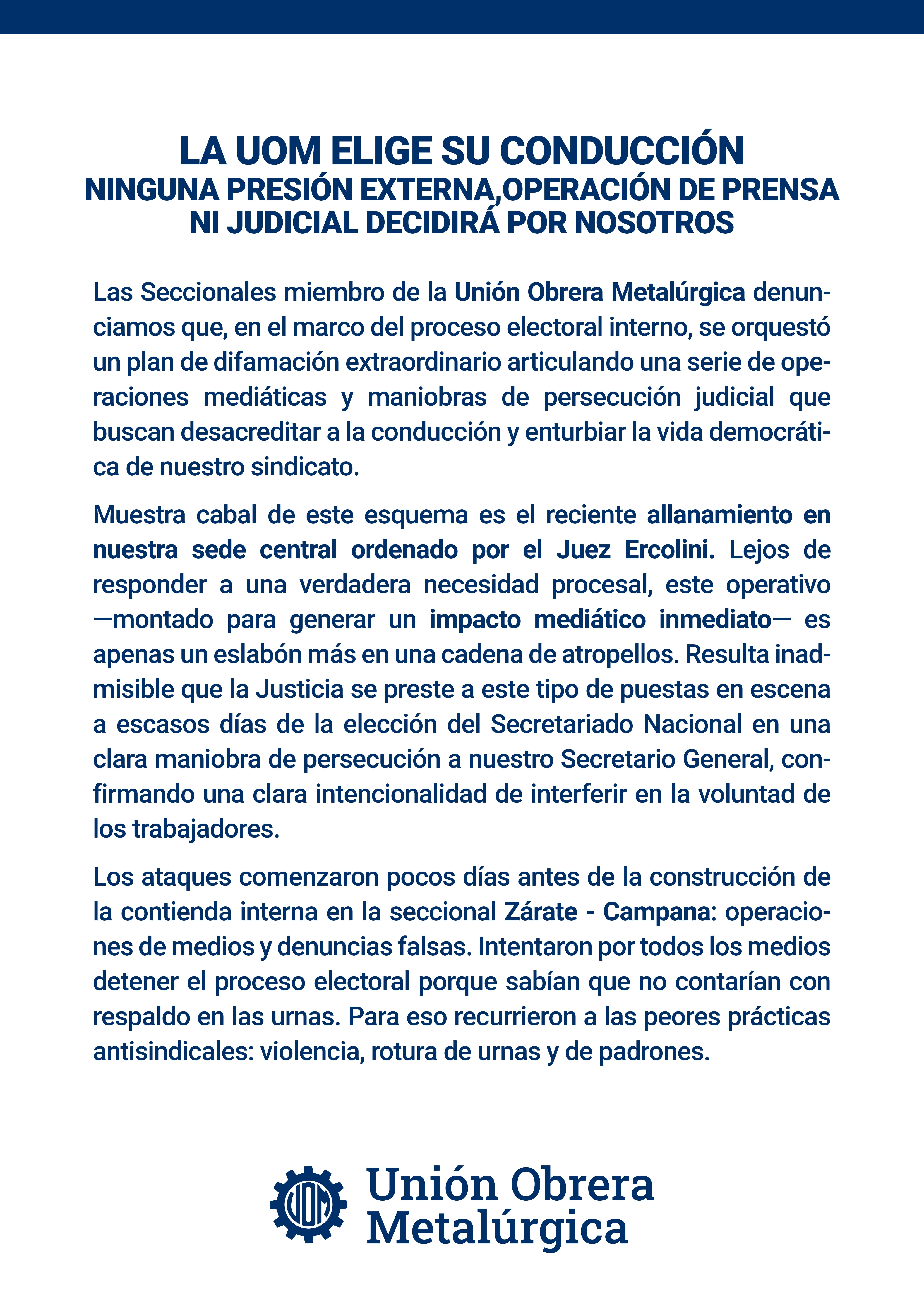 ⚙️ ELECCIONES UOM: NINGUNA PRESIÓN EXTERNA DECIDIRÁ POR NOSOTROS ⚙️